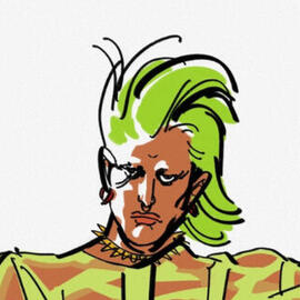 Circle crop of a fashion drawing of Barto. His hair is swept to one side and u-shaped, pointed and large gauge earrings stick out from his ears. He wears a spiked choker and a chartreuse top.